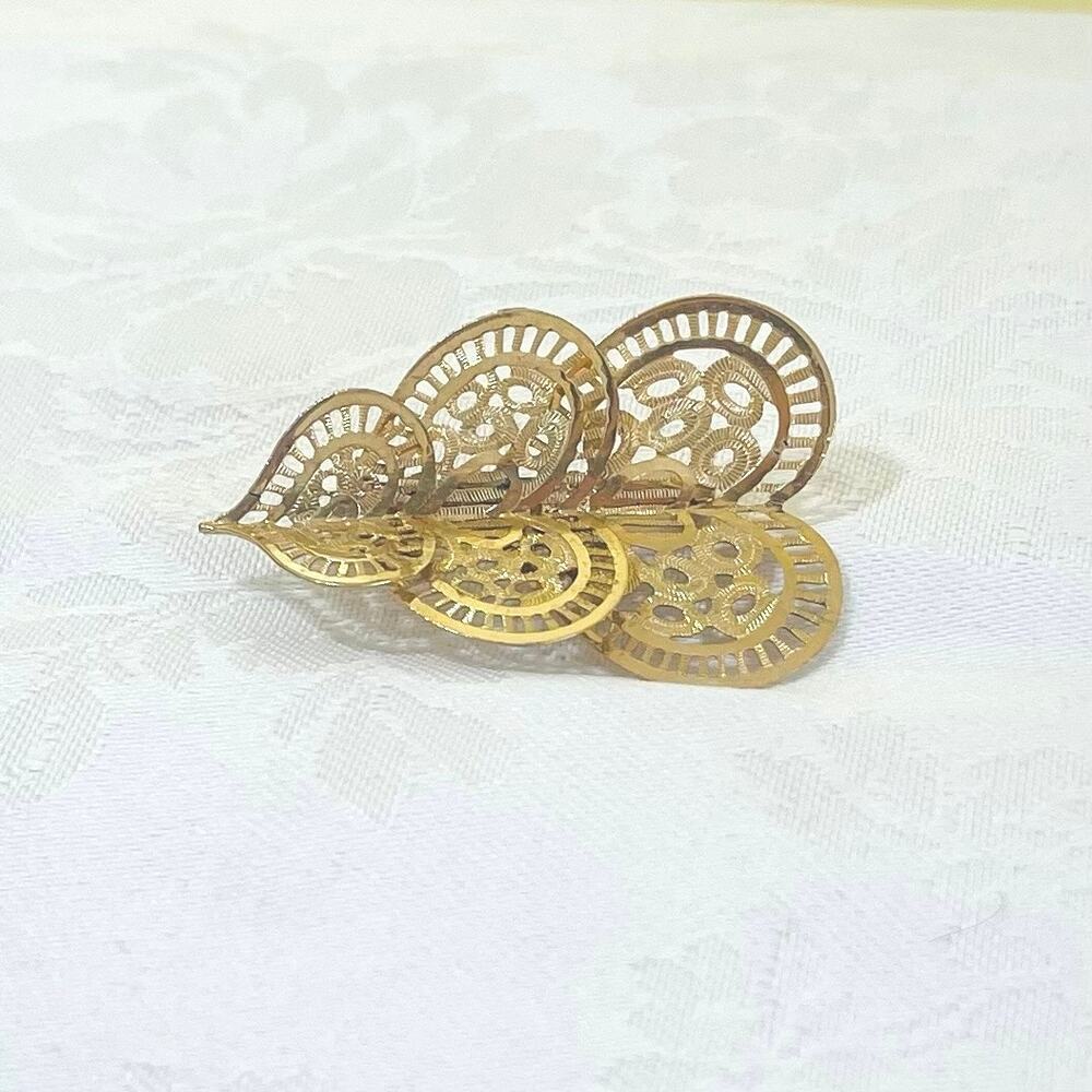 Vtg 70s Dbl Heart Open Metal Work Filigree Brooch Pin Layered Lace Laser-Cut